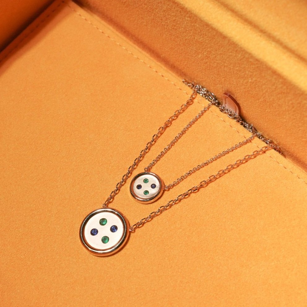 Small Yellow Gold Button Necklace With Emerald and Sapphire