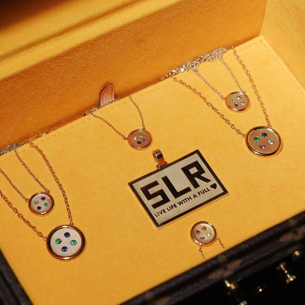 Small Yellow Gold Button Necklace With Emerald and Sapphire
