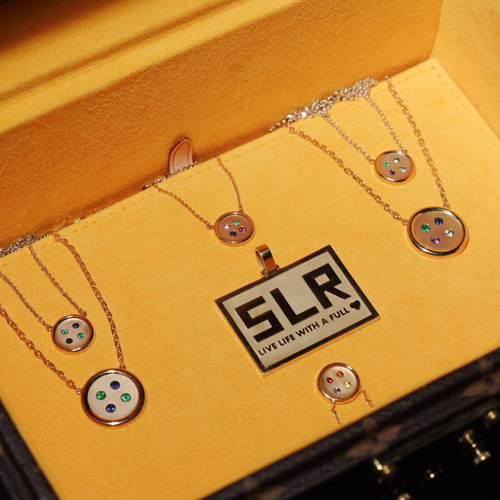 Small Yellow Gold Button Necklace With Emerald, Sapphire, Amethyst, and Aquamarine