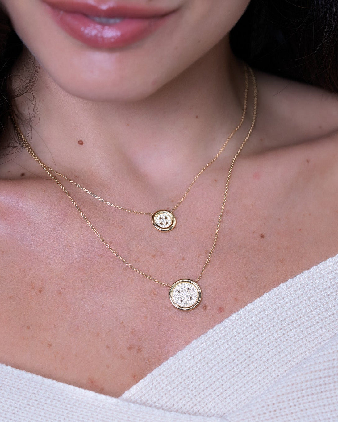 Baby Yellow Gold Button Necklace With Pavé Diamonds