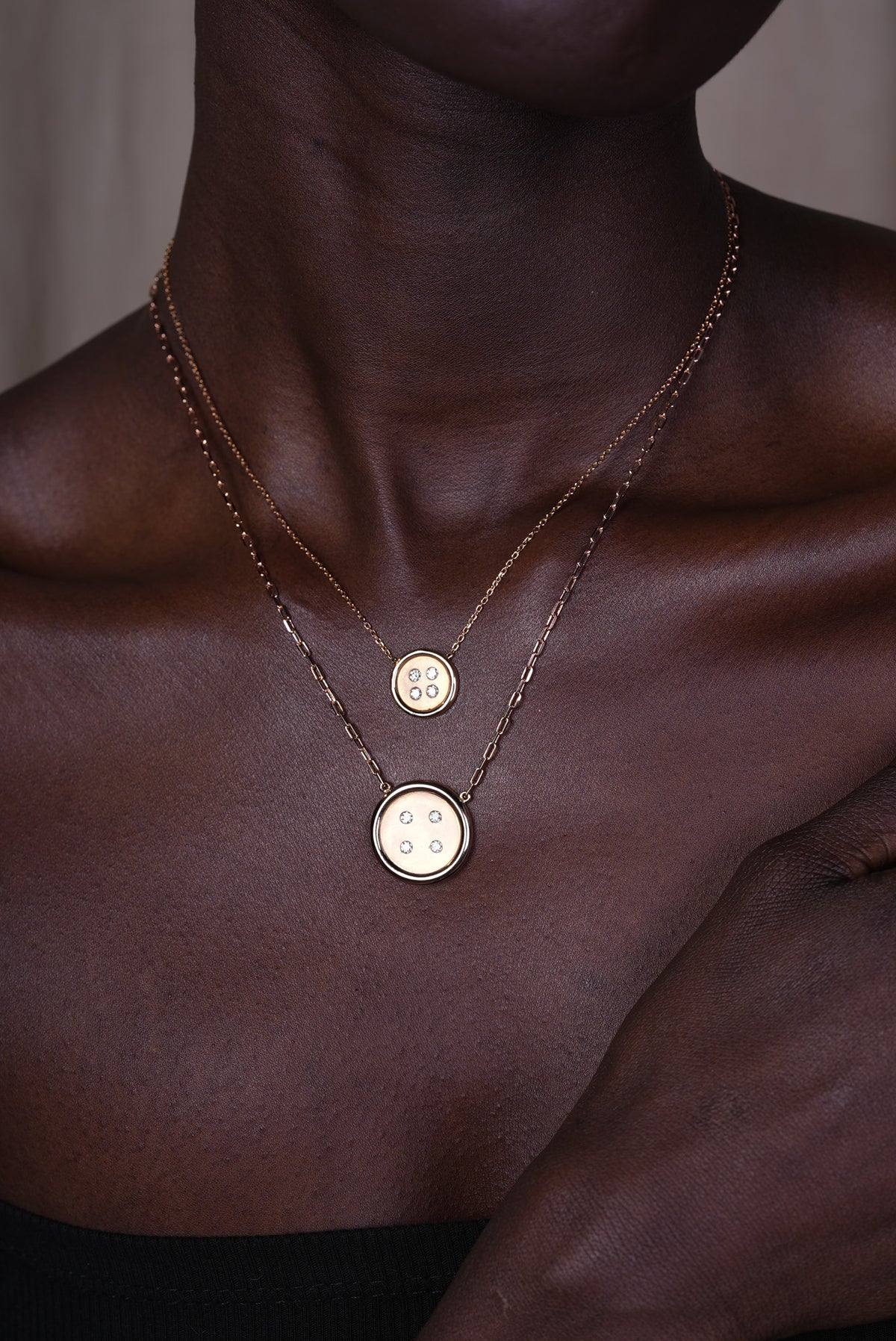 Small Yellow Gold Button Necklace With Diamonds
