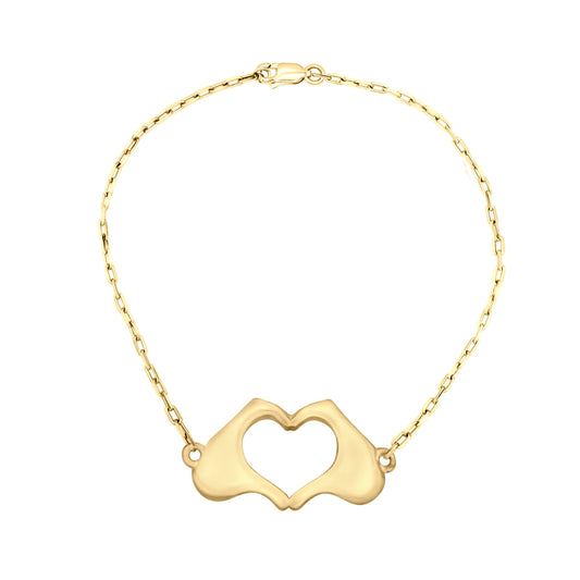 Large Flat Yellow Gold Heart Hands Bracelet