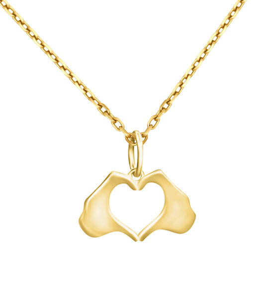 Small Yellow Gold Flat Heart Hands Necklace