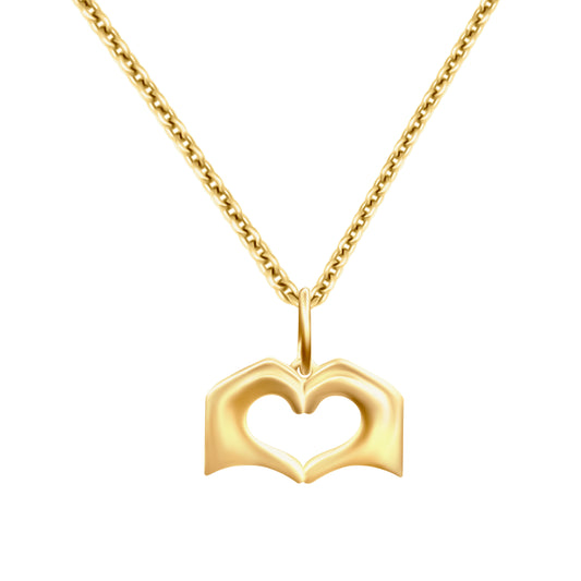 Small Yellow Gold Raised Heart Hands Necklace