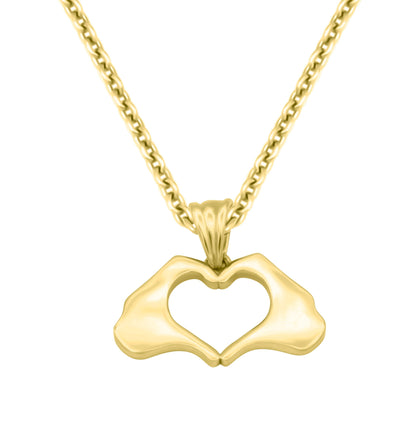 Large Yellow Gold Flat Heart Hands Necklace