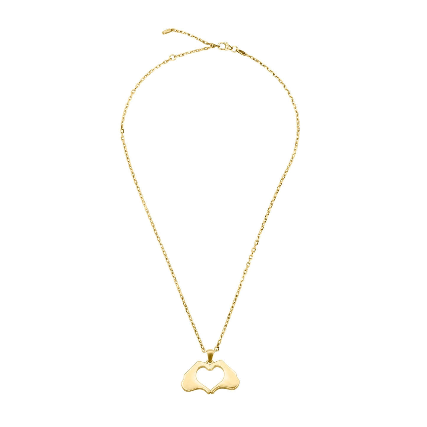 Large Yellow Gold Flat Heart Hands Necklace