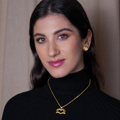 Small Yellow Gold Flat Heart Hands Necklace