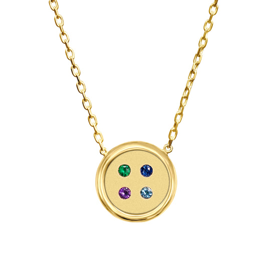 Small Yellow Gold Button Necklace With Emerald, Sapphire, Amethyst, and Aquamarine