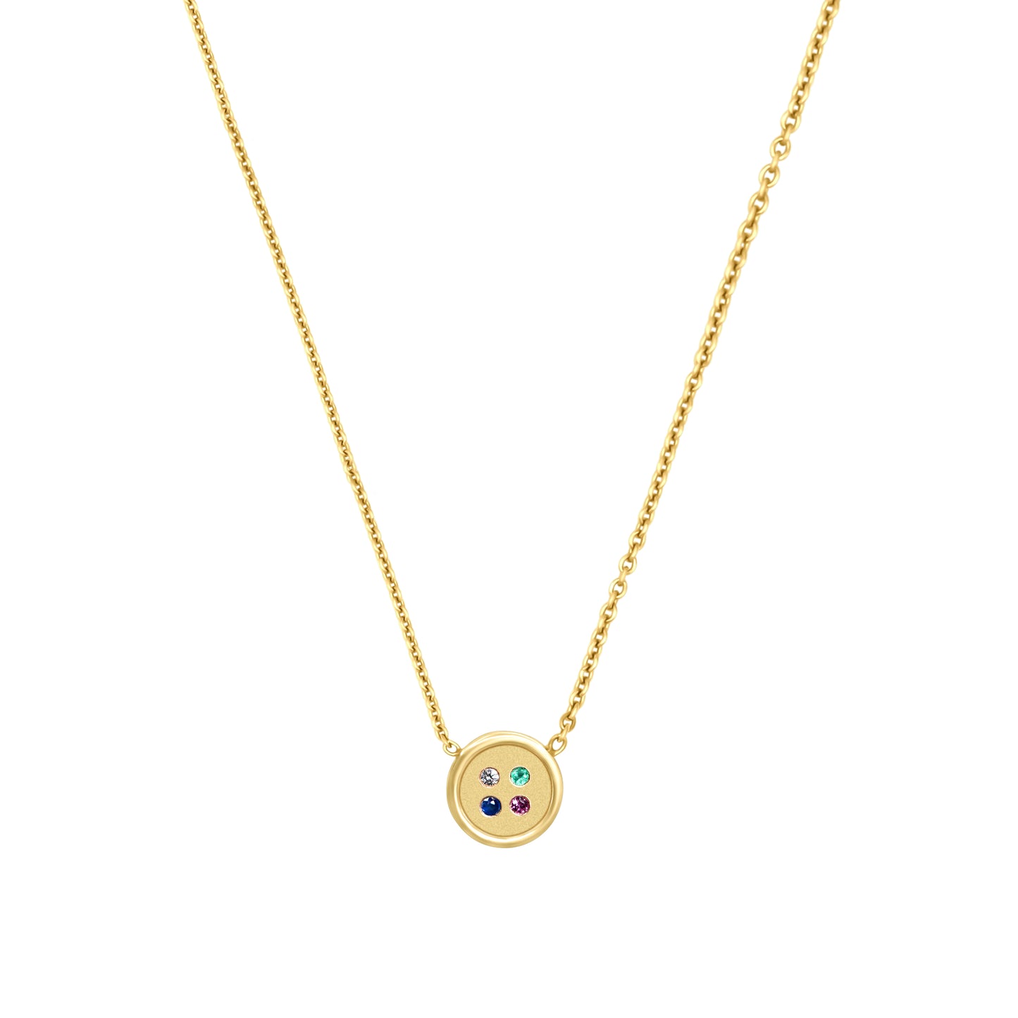 Small Yellow Gold Button Necklace With Diamond, Emerald, Sapphire, and Amethyst