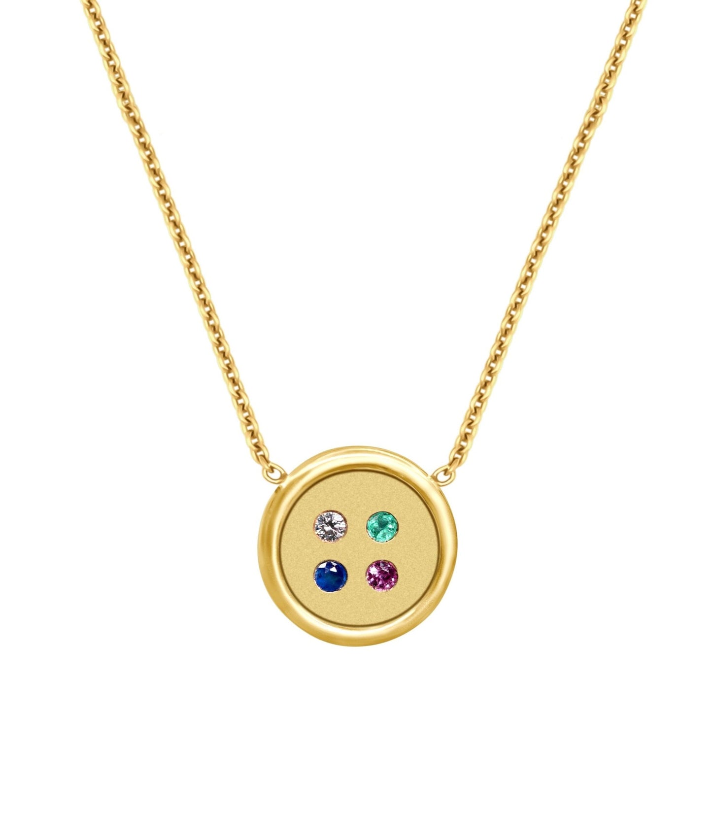 Small Yellow Gold Button Necklace With Diamond, Emerald, Sapphire, and Amethyst