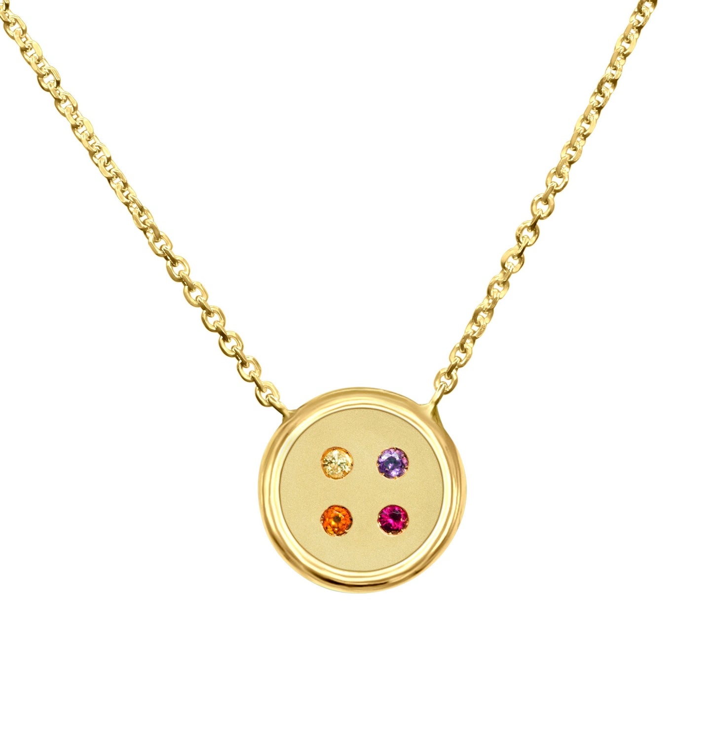 Small Yellow Gold Button Necklace With Ruby and Orange, Yellow and Purple Amethyst