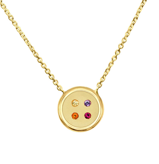 Small Yellow Gold Button Necklace With Ruby and Orange, Yellow and Purple Amethyst