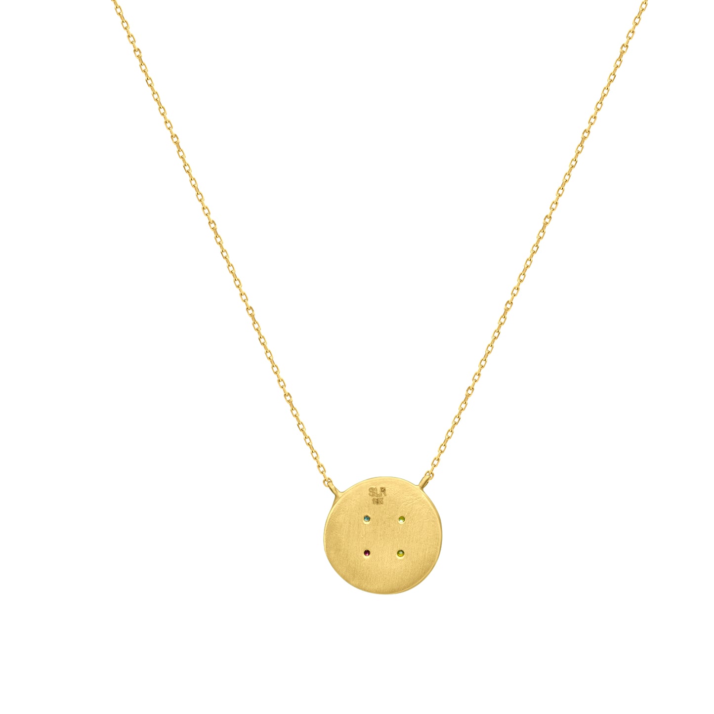 Small Yellow Gold Button Necklace With Diamond, Emerald, Sapphire, and Amethyst