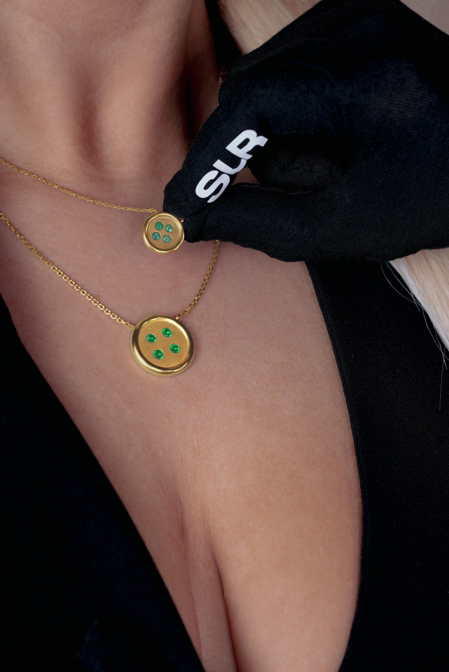 Medium Yellow Gold Button Necklace With Emeralds