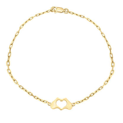 Small Yellow Gold Flat Heart Hands Bracelet