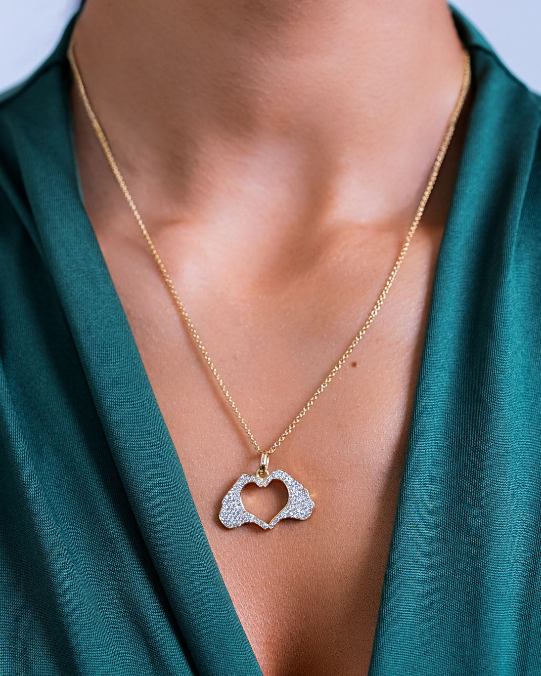 Large Yellow Gold Heart Hands Necklace With Pavé Diamonds