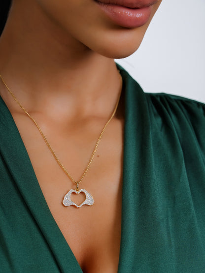 Large Yellow Gold Heart Hands Necklace With Pavé Diamonds