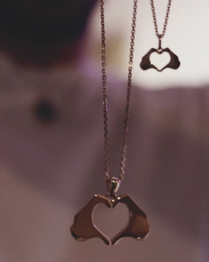 Small Yellow Gold Flat Heart Hands Necklace